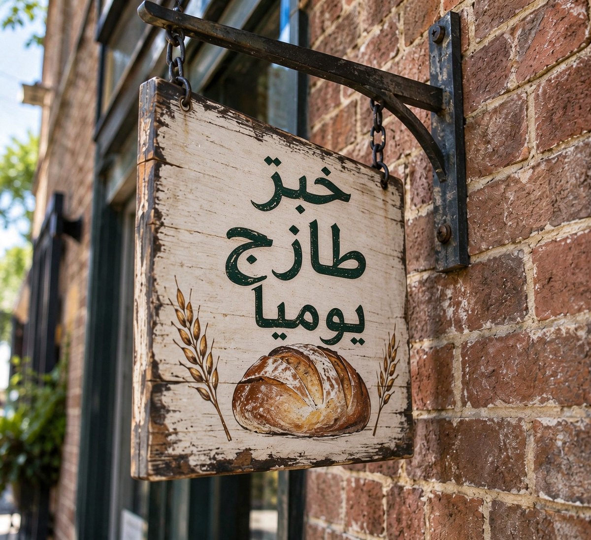 A tilted wooden bakery sign translated into Arabic, After