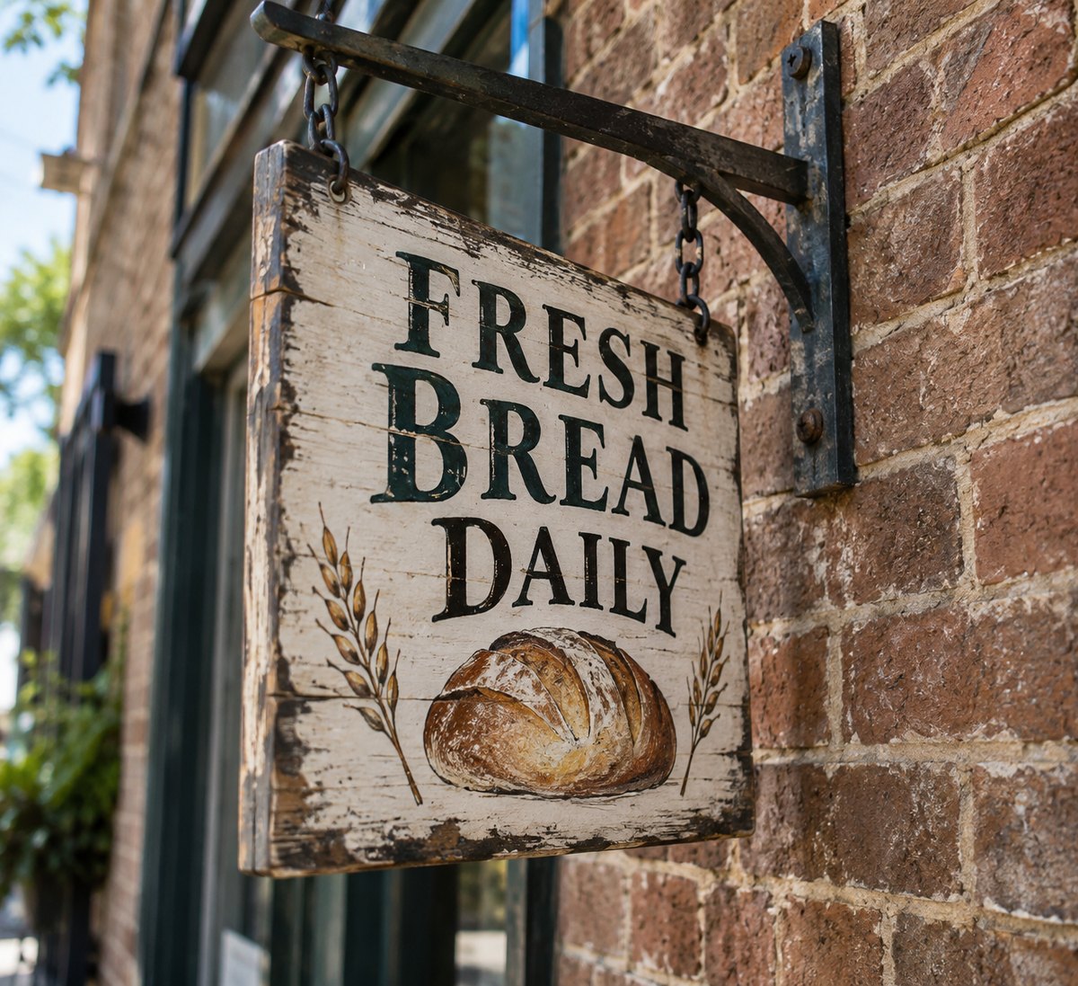 A tilted wooden bakery sign translated into Arabic, Before