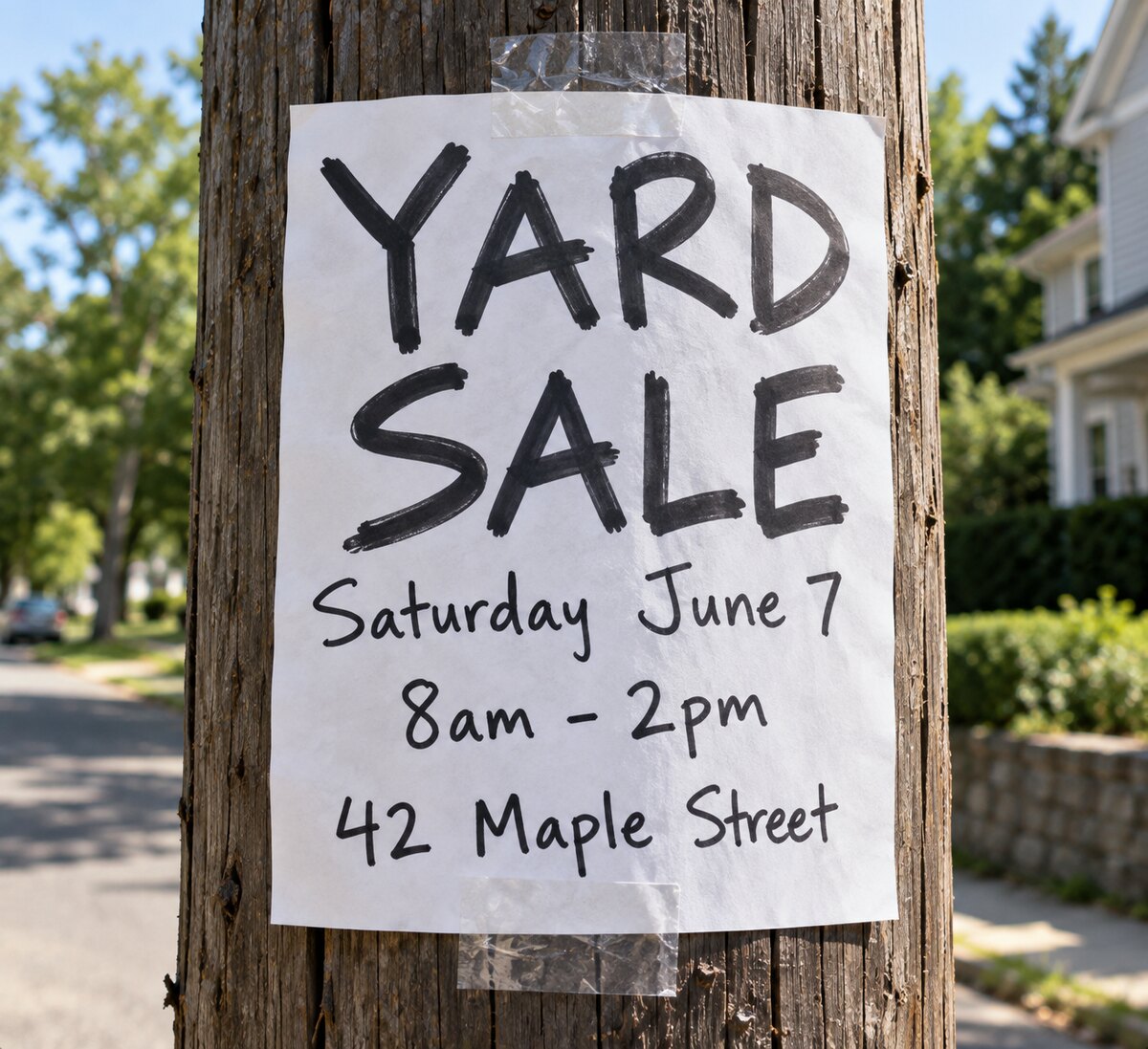A hand-lettered yard sale flyer, Before